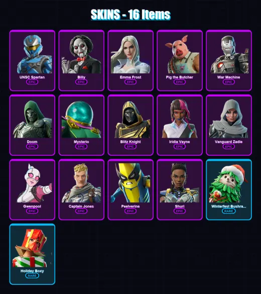 [PC/PSN] | UNSC Spartan | Billy | Emma Frost | Pig the Butcher | War Machine | 16 skin | 60 pickaxe | 31 emote | 46 glider | Lv607