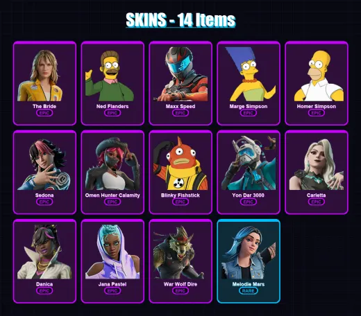 [PC/XBOX/PSN] | The Bride | Ned Flanders | Maxx Speed | Marge Simpson | Homer Simpson | 14 skin | 18 pickaxe | 13 emote | 10 glider | Lv67