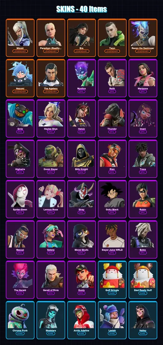 [PC/XBOX/PSN] | Mizuki | Paradigm (Reality-659) | Era | Twyn | Renzo the Destroyer | 40 skin | 75 pickaxe | 43 emote | 68 glider | Lv1043