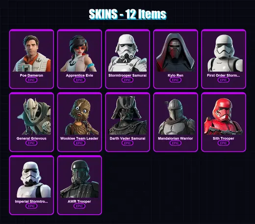 [PC/XBOX/PSN] | Poe Dameron | Apprentice Evie | Stormtrooper Samurai | 12 skin | Lv75