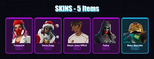 [PC/XBOX/PSN] | Yulejacket | Santa Dogg | Slayer Juice WRLD | Felina | Major Mancake | 5 skin | 21 pickaxe | 11 emote | 12 glider | Lv235