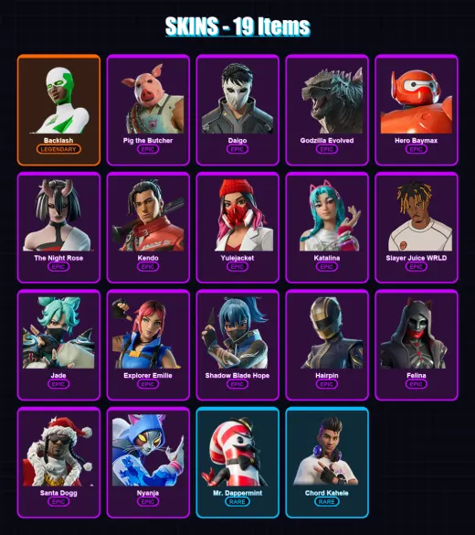 [PC/PSN] | Backlash | Pig the Butcher | Daigo | Godzilla Evolved | Hero Baymax | 19 skin | 53 pickaxe | 23 emote | 41 glider | Lv894