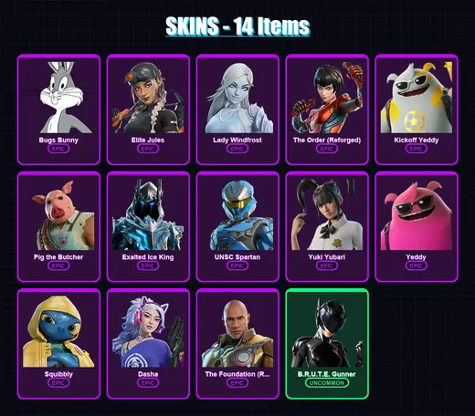[PC/XBOX/PSN] | Bugs Bunny | Elite Jules | Lady Windfrost | The Order (Reforged) | Kickoff Yeddy | 14 skin | 46 pickaxe | 23 emote | 36 glider | Lv8 — Game account