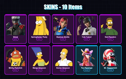 [PS4/PS5/XBOX/PC] | Shinji | Springfielder Peely | Explorer Emilie | Yuki Yubari | Ned Flanders | 10 skin | 22 pickaxe | 9 emote | 14 glider | Lv99 — Game account