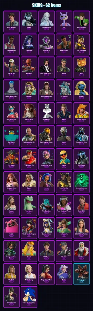 [PC] | Mike Wheeler | Sakara | Lady Windfrost | Jax | Ben Tennyson | 62 skin | 70 pickaxe | 47 emote | 41 glider | Lv511