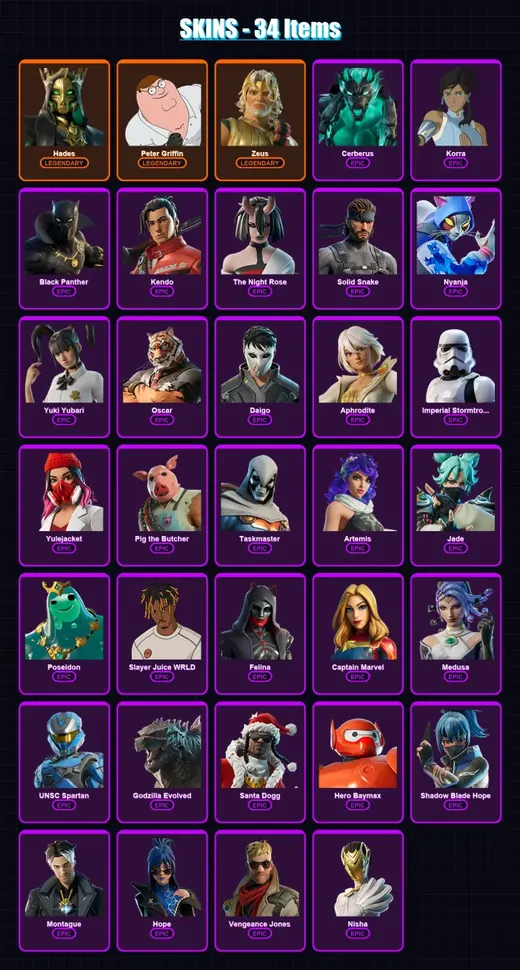 [PC/XBOX/PSN] | Hades | Peter Griffin | Zeus | Cerberus | Korra | 34 skin | 100 pickaxe | 50 emote | 74 glider | Lv1000 — Game account