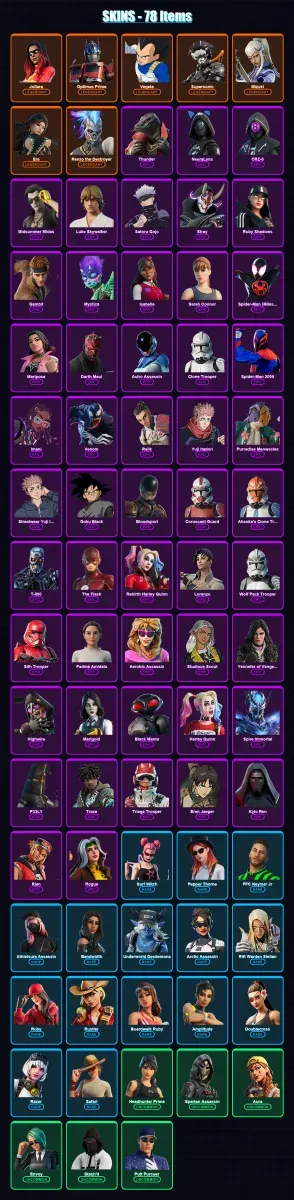 [PS4/PS5/PC] | Joltara | Optimus Prime | Vegeta | Supersonic | Mizuki | 78 skin | 42 pickaxe | 42 emote | 28 glider | Lv452