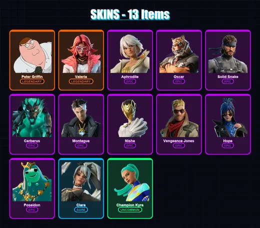 [PC/XBOX] | Peter Griffin | Valeria | Aphrodite | Oscar | Solid Snake | 13 skin | 32 pickaxe | 20 emote | 22 glider | Lv261