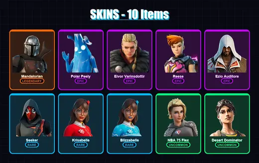 [PC/XBOX] | Mandalorian | Polar Peely | Eivor Varinsdottir | Reese | Ezio Auditore | 10 skin | 27 pickaxe | 16 emote | 27 glider | Lv270