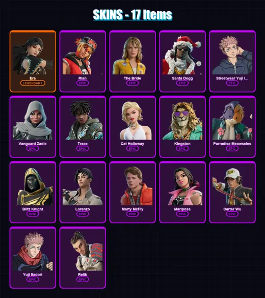 [PC/PSN] | Era | Rian | The Bride | Santa Dogg | Streetwear Yuji Itadori | 17 skin | 49 pickaxe | 35 emote | 35 glider | Lv409