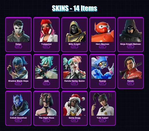 [PS4/PS5/XBOX/PC] | Daigo | Yulejacket | Blitz Knight | Hero Baymax | Ninja Knight Batman | 14 skin | 52 pickaxe | 25 emote | 32 glider | Lv338