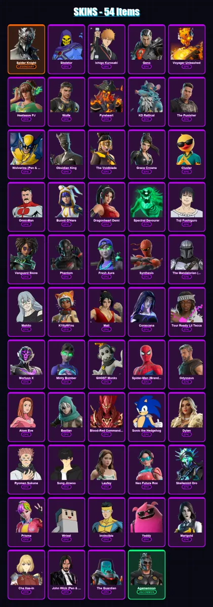 [PC/PSN] | Spider Knight | Skeletor | Ichigo Kurosaki | Geno | Voyager Unleashed | 54 skin | 57 pickaxe | 53 emote | 27 glider | Lv430