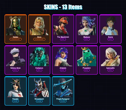[PC/XBOX/PSN] | Hades | Zeus | The Machinist | Medusa | Korra | 13 skin | 16 pickaxe | 16 emote | 13 glider | Lv119