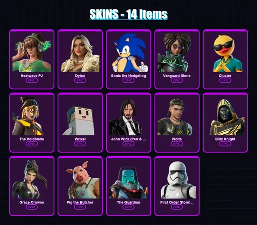 [PC/XBOX/PSN] | Heatwave PJ | Dylan | Sonic the Hedgehog | Vanguard Slone | Cluster | 14 skin | 58 pickaxe | 32 emote | 45 glider | Lv476 — Game account