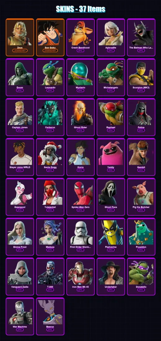 [PC/XBOX/PSN] | Zeus | Son Goku | Crash Bandicoot | Aphrodite | The Batman Who Laughs | 37 skin | 90 pickaxe | 52 emote | 59 glider | Lv818