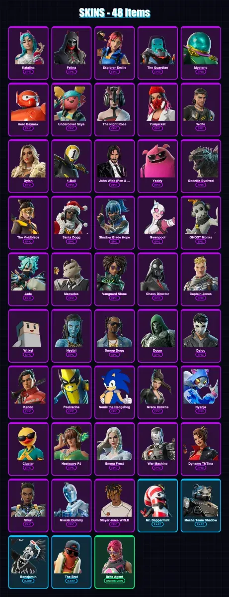 [PC/XBOX/PSN] | Katalina | Felina | Explorer Emilie | The Guardian | Mysterio | 48 skin | 82 pickaxe | 51 emote | 57 glider | Lv720
