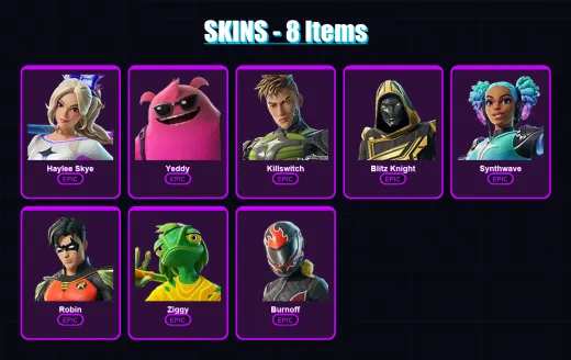 [PC/XBOX] | Haylee Skye | Yeddy | Killswitch | Blitz Knight | Synthwave | 8 skin | 21 pickaxe | 12 emote | 15 glider | Lv106