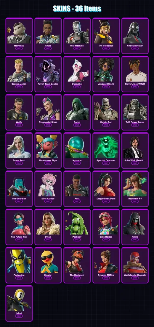[PC/XBOX/PSN] | Meowdas | Shuri | War Machine | The Voidblade | Chaos Director | 36 skin | 68 pickaxe | 44 emote | 53 glider | Lv559 — Game account