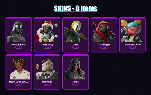 [PS4/PS5/XBOX/PC] | Chaos Director | Santa Dogg | 1-Ball | Dark Doggo | Undercover Skye | 8 skin | 16 pickaxe | 10 emote | 11 glider | Lv126 — Game account