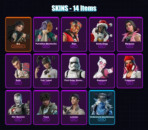 [PC] | Era | Purradise Meowscles | Rian | Santa Dogg | Mariposa | 14 skin | 18 pickaxe | 10 emote | 17 glider | Lv209