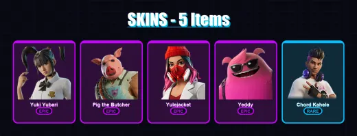 [PC/PSN] | Yuki Yubari | Pig the Butcher | Yulejacket | Yeddy | Chord Kahele | 5 skin | 28 pickaxe | 11 emote | 21 glider | Lv157