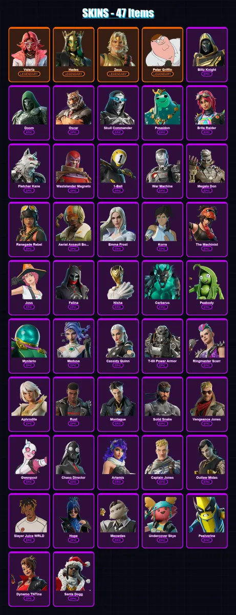 [PC/XBOX/PSN] | Valeria | Hades | Zeus | Peter Griffin | Blitz Knight | 47 skin | 79 pickaxe | 52 emote | 55 glider | Lv652
