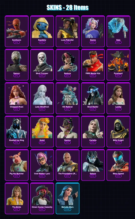 [PC/PSN] | Synthesis | Squibbly | Luxe Patroller | Dasha | Gale | 28 skin | 40 pickaxe | 13 emote | 19 glider | Lv148