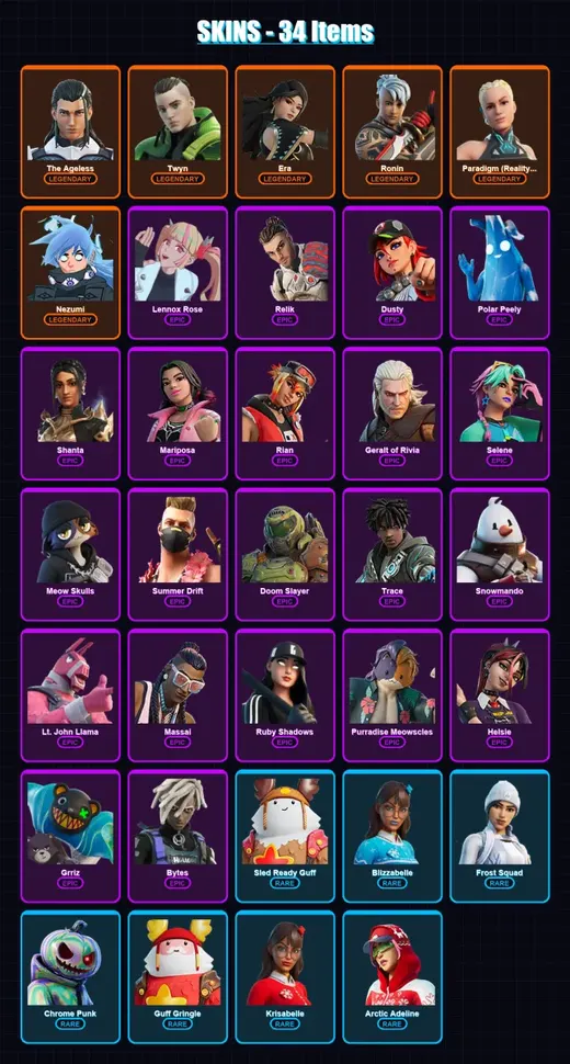[PS4/PS5/XBOX/PC] | The Ageless | Twyn | Era | Ronin | Paradigm (Reality-659) | 34 skin | 50 pickaxe | 43 emote | 57 glider | Lv753