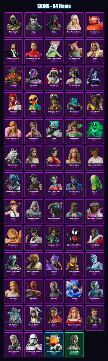[PC] | Blitz Knight | Daigo | Felina | Tour-Ready Sabrina Carpenter | Hero Baymax | 64 skin | 134 pickaxe | 128 emote | 86 glider | Lv2486