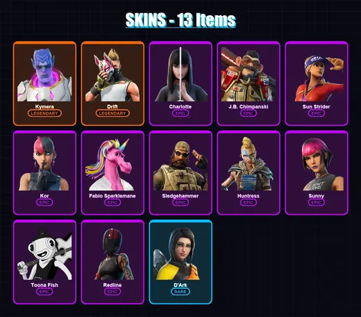 [PC/XBOX/PSN] | Kymera | Drift | Charlotte | J.B. Chimpanski | Sun Strider | 13 skin | 14 pickaxe | 13 emote | 16 glider | Lv238