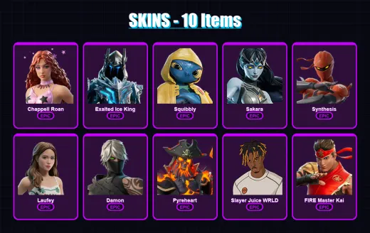 [PC/XBOX/PSN] | Chappell Roan | Exalted Ice King | Squibbly | Sakara | Synthesis | 10 skin | 12 pickaxe | 7 emote | 5 glider | Lv29