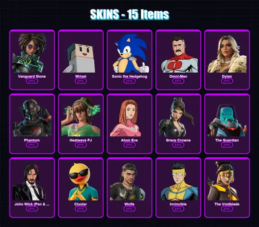 [PC/XBOX/PSN] | Vanguard Slone | Wrixel | Sonic the Hedgehog | Omni-Man | Dylan | 15 skin | 43 pickaxe | 21 emote | 31 glider | Lv334