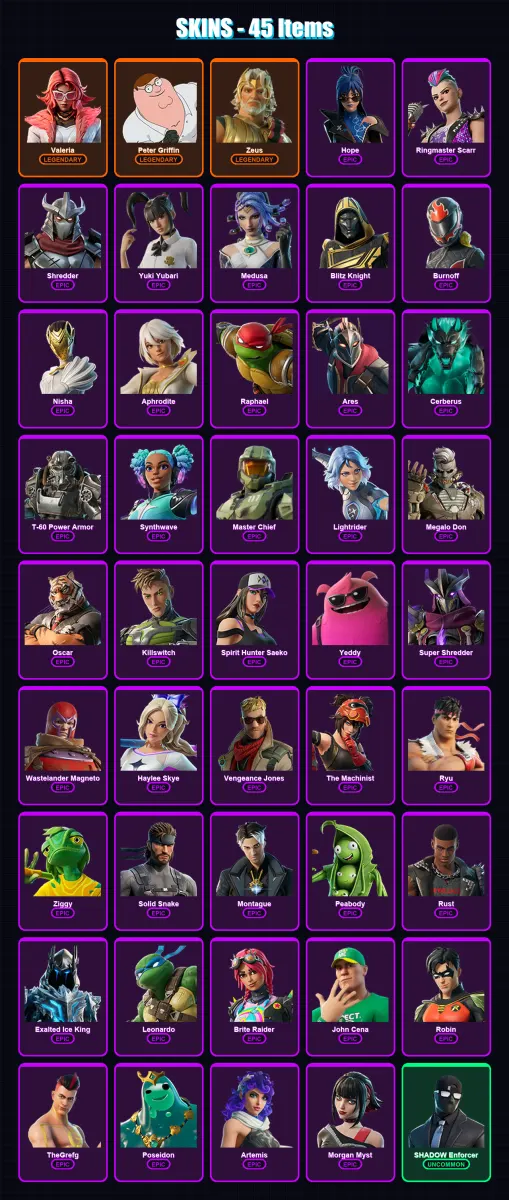 [PC/XBOX/PSN] | Valeria | Peter Griffin | Zeus | Hope | Ringmaster Scarr | 45 skin | 64 pickaxe | 68 emote | 42 glider | Lv597