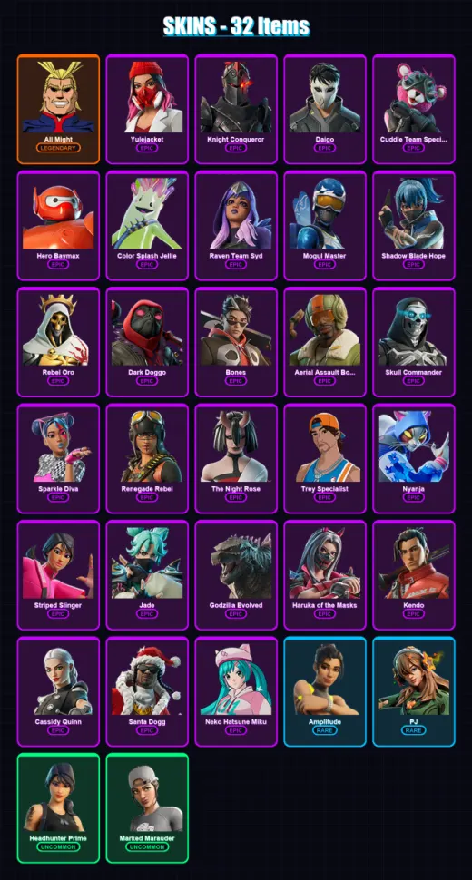 [PC/XBOX/PSN] | All Might | Yulejacket | Knight Conqueror | Daigo | Cuddle Team Specialist | 32 skin | 33 pickaxe | 24 emote | 22 glider | Lv266