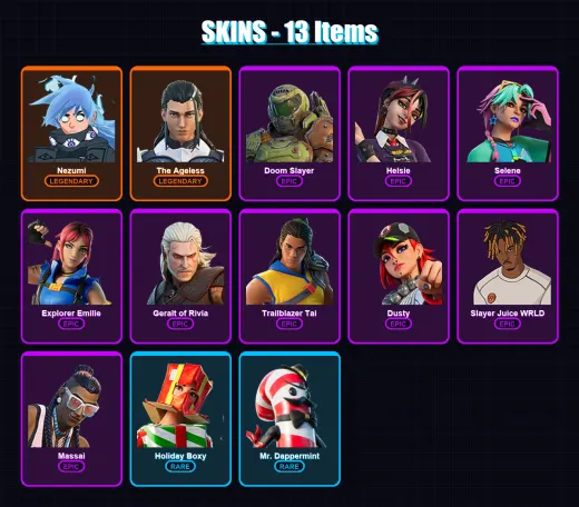[PC/PSN] | Nezumi | The Ageless | Doom Slayer | Helsie | Selene | 13 skin | 36 pickaxe | 23 emote | 32 glider | Lv455