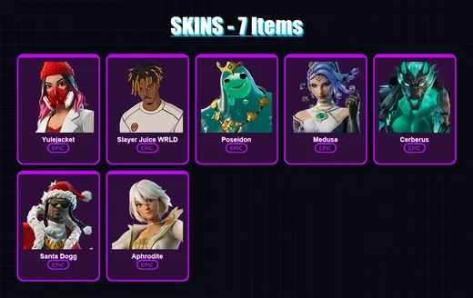 [PC/XBOX/PSN] | Yulejacket | Slayer Juice WRLD | Poseidon | Medusa | Cerberus | 7 skin | 14 pickaxe | 8 emote | 10 glider | Lv93