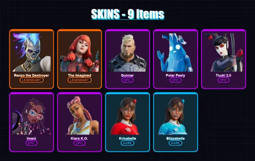 [PC/PSN] | Renzo the Destroyer | The Imagined | Gunnar | Polar Peely | Tsuki 2.0 | 9 skin | 19 pickaxe | 14 emote | 15 glider | Lv146