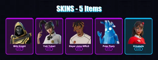 [PC/PSN] | Blitz Knight | Yuki Yubari | Slayer Juice WRLD | Polar Peely | Krisabelle | 5 skin | 20 pickaxe | 11 emote | 15 glider | Lv154