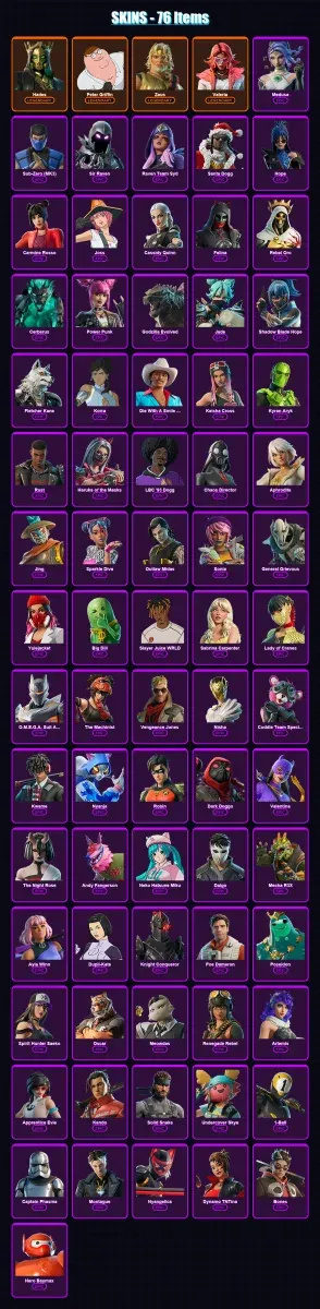 [PS4/PS5/XBOX/PC] | Hades | Peter Griffin | Zeus | Valeria | Medusa | 76 skin | 94 pickaxe | 73 emote | 59 glider | Lv704