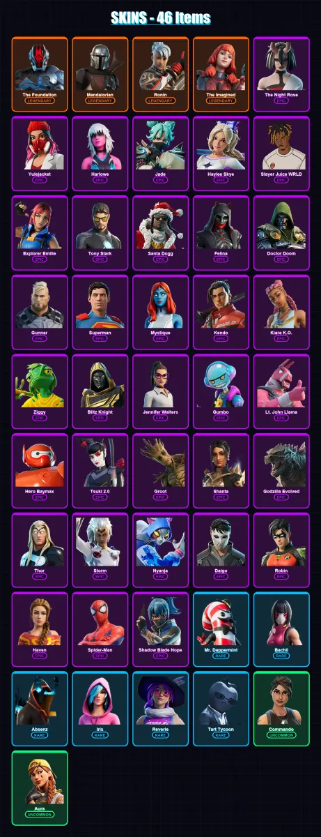 [PC/XBOX/PSN] | The Foundation | Mandalorian | Ronin | The Imagined | The Night Rose | 46 skin | 77 pickaxe | 53 emote | 58 glider | Lv904
