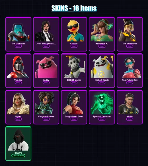 [PC/XBOX/PSN] | The Guardian | John Wick (Pen & Ink) | Cluster | Heatwave PJ | The Voidblade | 16 skin | 31 pickaxe | 21 emote | 30 glider | Lv425 — Game account