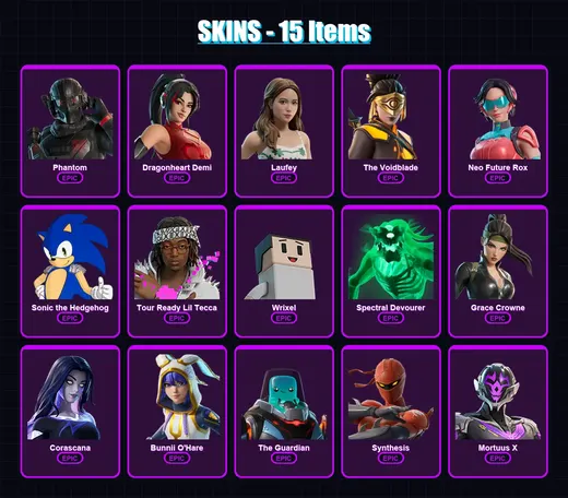 [PC/PSN] | Phantom | Dragonheart Demi | Laufey | The Voidblade | Neo Future Rox | 15 skin | 16 pickaxe | 6 emote | 13 glider | Lv40
