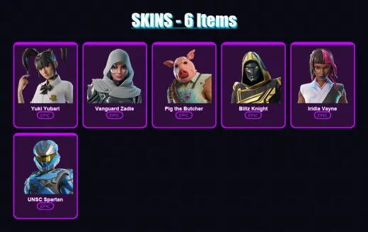 [PS4/PS5/XBOX/PC] | Yuki Yubari | Vanguard Zadie | Pig the Butcher | Blitz Knight | Iridia Vayne | 6 skin | 62 pickaxe | 29 emote | 37 glider | Lv55