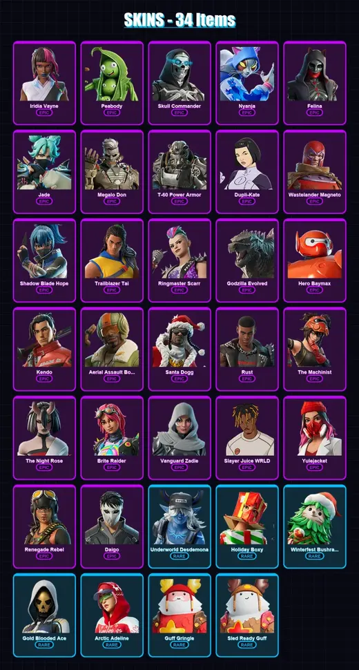 [PC/XBOX/PSN] | Iridia Vayne | Peabody | Skull Commander | Nyanja | Felina | 34 skin | 79 pickaxe | 65 emote | 66 glider | Lv2103
