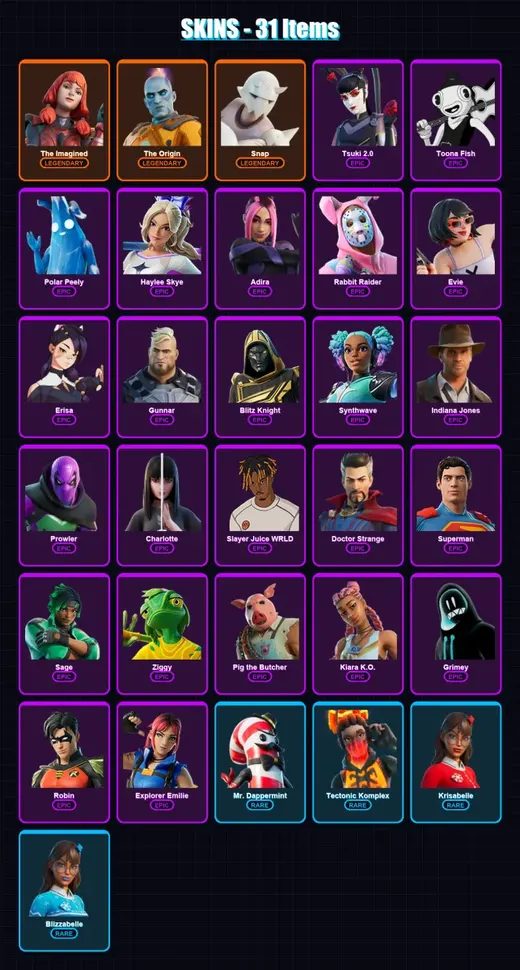 [PS4/PS5/PC] | The Imagined | The Origin | Snap | Tsuki 2.0 | Toona Fish | 31 skin | 48 pickaxe | 19 emote | 35 glider | Lv395