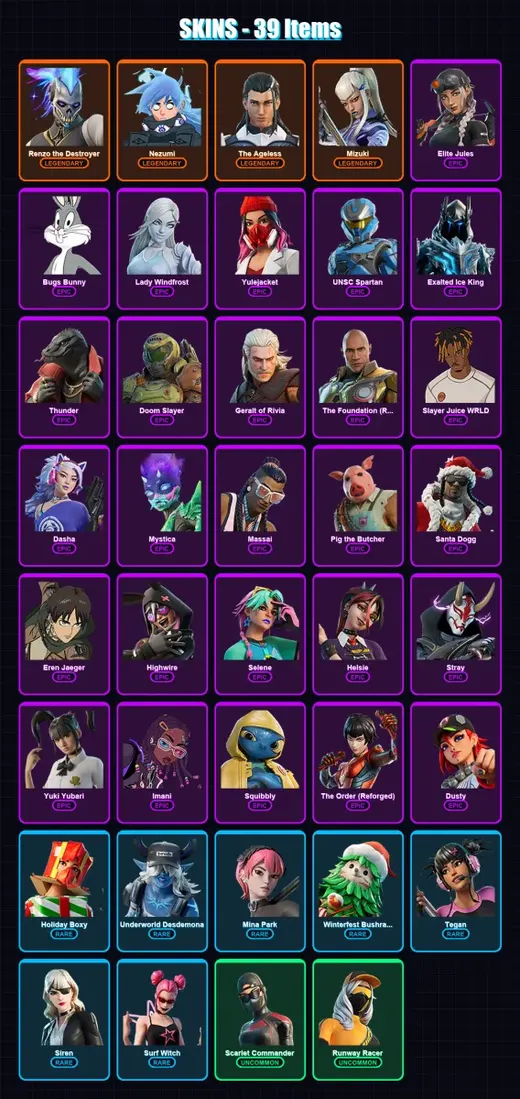 [PC/PSN] | Renzo the Destroyer | Nezumi | The Ageless | Mizuki | Elite Jules | 39 skin | 109 pickaxe | 57 emote | 78 glider | Lv1363