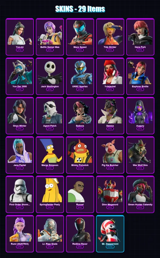 [PC] | Yoo-mi | Battle Gamer Mae | Maxx Speed | Tide Strider | Hana Park | 29 skin | 43 pickaxe | 25 emote | 21 glider | Lv185