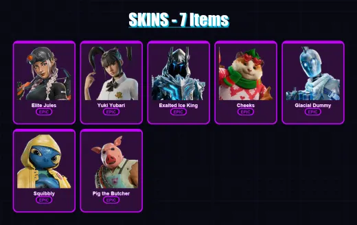 [PC/XBOX] | Elite Jules | Yuki Yubari | Exalted Ice King | Cheeks | Glacial Dummy | 7 skin | 39 pickaxe | 15 emote | 30 glider | Lv368