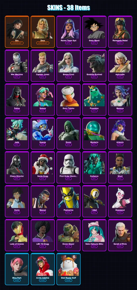 [PC/PSN] | Era | Zeus | Raven Team Syd | Goku Black | Renegade Rebel | 38 skin | 73 pickaxe | 39 emote | 47 glider | Lv548