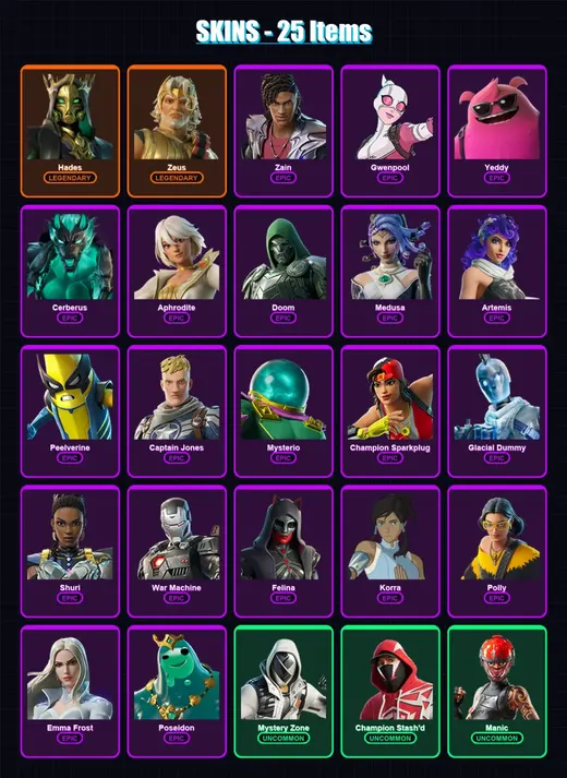 [PC/XBOX/PSN] | Hades | Zeus | Zain | Gwenpool | Yeddy | 25 skin | 61 pickaxe | 35 emote | 46 glider | Lv774 — Game account
